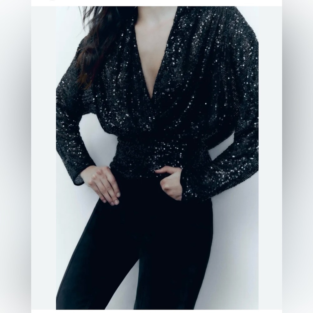 ZARA HOLIDAY DRAPED SEQUIN BLACK BLOUSE SIZE S